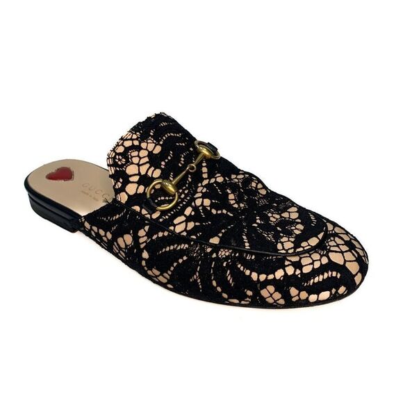 Gucci Princetown Horsebit Slipper EU 37.5 US 7.5 Black Lace Mule Loafer Flats - Picture 1 of 9